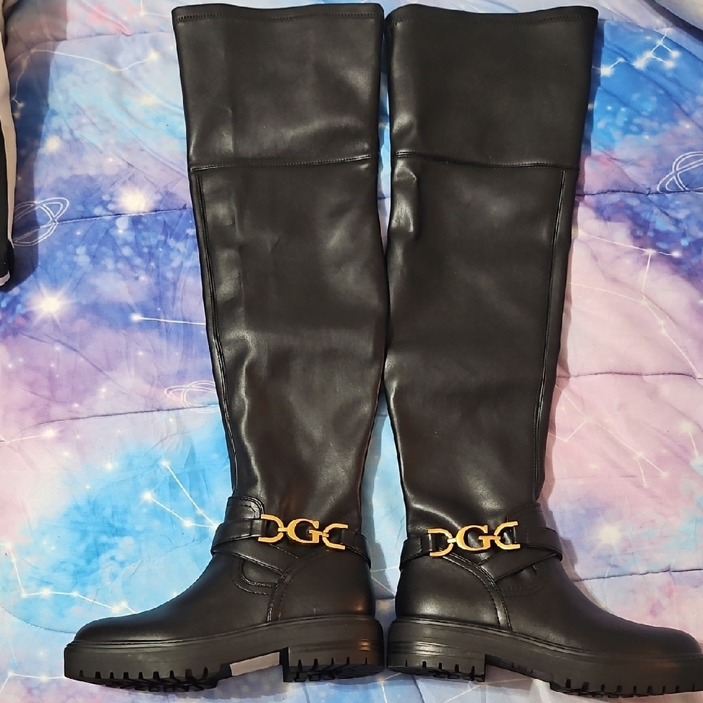 G by Guess Black and Gold Over the Knee Boots